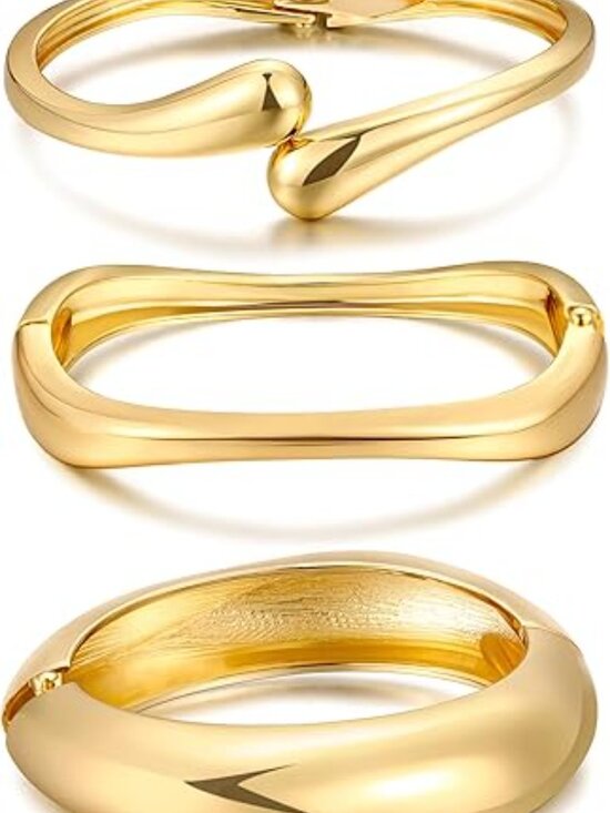 Chunky Gold Bangle Bracelets 14k Gold Plated Bangles Set Statement Cuff 3 Pc - Picture 3 of 4